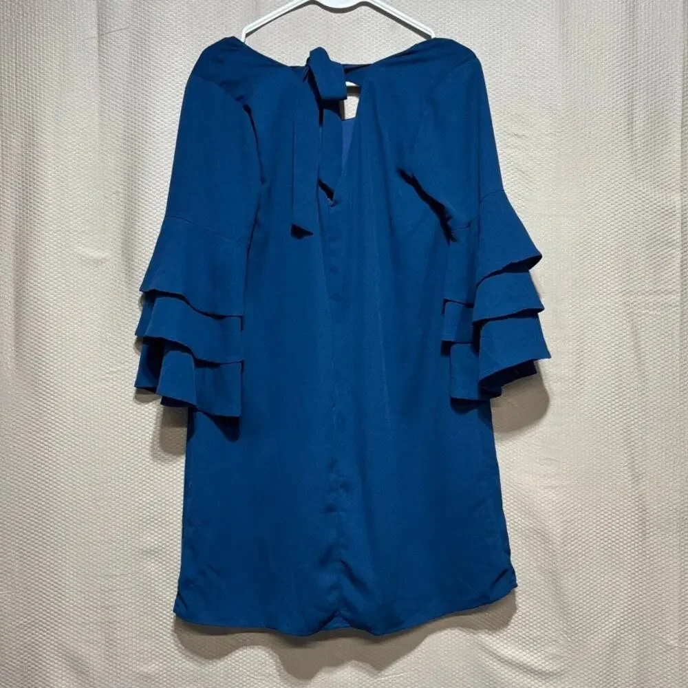 Miami Blue Lined Shift Dress Tiered Ruffle Sleeves Size M